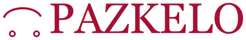 Pazkelo burgundy wordmark with abstract rolling line